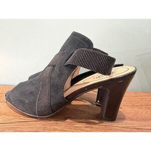 LifeStride Cacey Black Faux Suede Peep Toe Slingback Block Heels Womens 9 Office